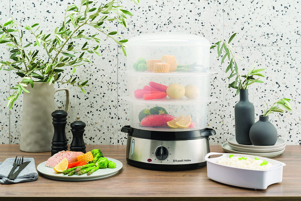 Russell Hobbs parowar, pojemność 9l, timer 0-60 min, 3 pojemniki do gotowania na parze, dzwonek informujący o zakończeniu, stal nierdzewna, moc 800W, srebrny, Cook@Home 19270-56