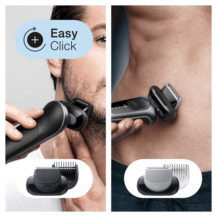 Braun Series 6cc Golarka elektryczna do golenia dla mężczyzn, z 3 elastycznymi ostrzami, trymer do brody, bodygroomer, stacja czyszczenia, nasadki EasyClick, Wet&Dry, N7650cc, szara
