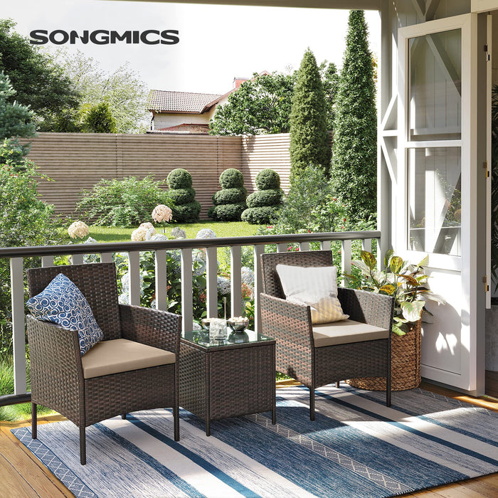 SONGMICS Meble balkonowe, zestaw mebli ogrodowych, z polirattanu PE, zestaw wypoczynkowy, stół i 2 krzesła, meble tarasowe, na zewnątrz, na taras, balkon, do ogrodu, brązowy-taupe GGF003K01