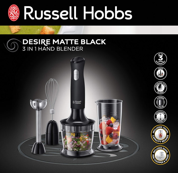 Russell Hobbs 24702 Desire ręczna blender 3 w 1 z elektrycznymi akcesoriami do whisky i wegetable chopper, matowy czarny
