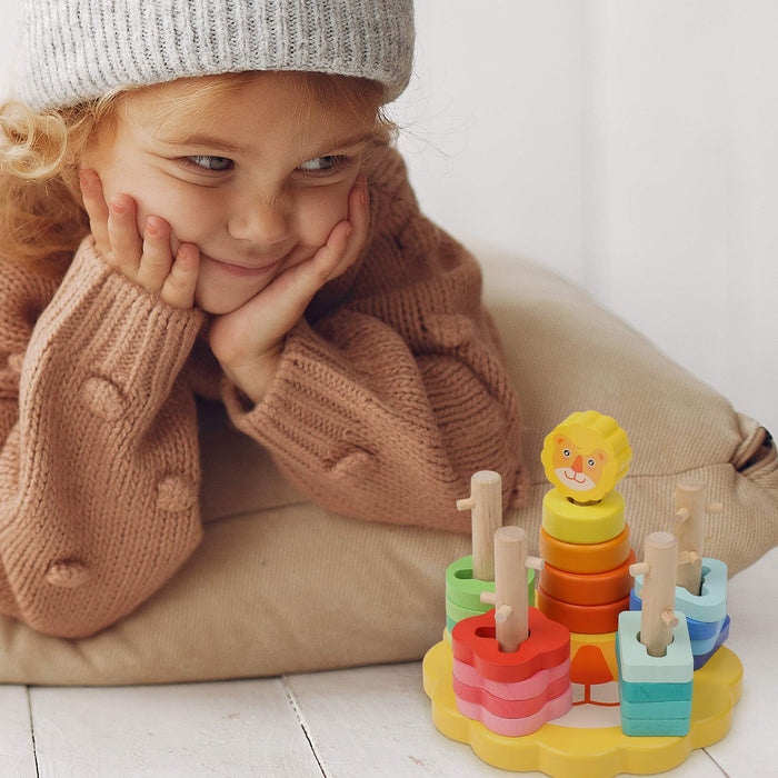 Boxiki kids Kolorowe zabawki do układania w stos, drewniane zabawki do układania w stos, klocki do układania w stos, zabawki edukacyjne dla małych dzieci, kształty dla małych dzieci, zabawki przedszkolne dla dzieci w wieku 3 lat i starszych