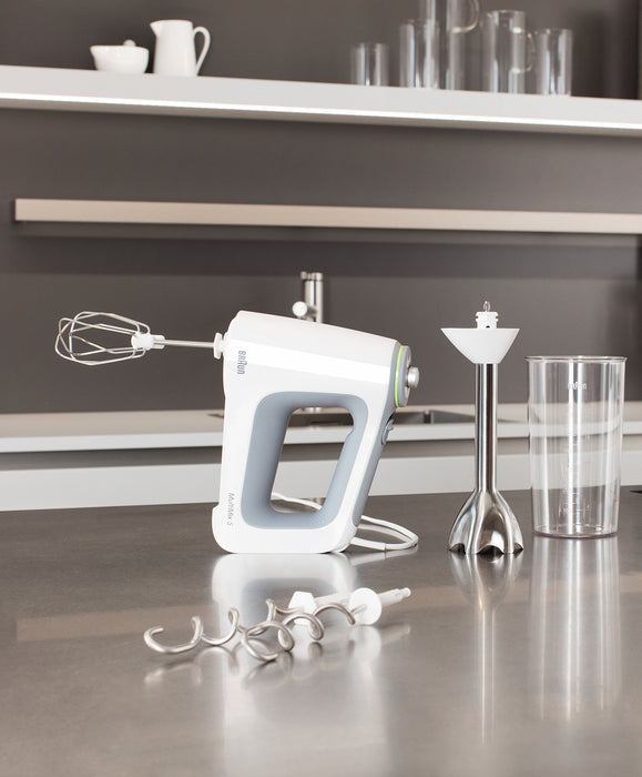 Braun MultiMix 5 HM 5107 mikser ręczny - mikser ręczny z bezstopniową regulacją prędkości, 750 W, w zestawie trzepaczka, hak do zagniatania, blender i kubek do mieszania i miarki 600 ml, biały/szary