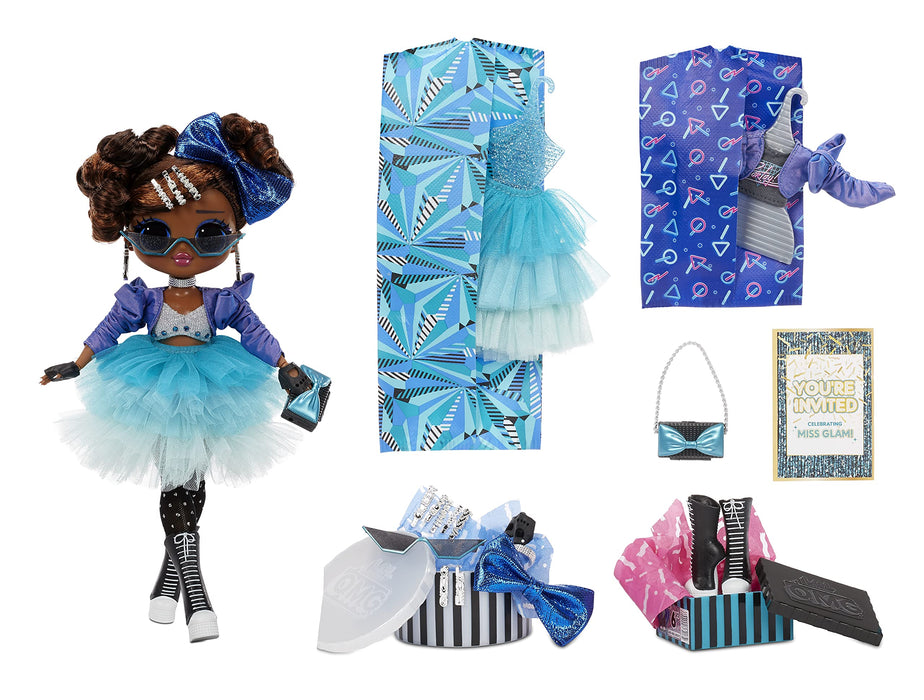 LOL Surprise OMG Present Surprise Lalka Modowa Miss Glam - Kolekcjonerska - Odkryj 20 Niespodzianek z Modą i Akcesoriami - Obejmuje Buty, Szczotkę Do Włosów, Torbę Na Ubrania i Nie Tylko