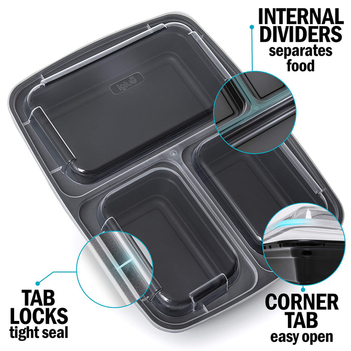 [Pakiet 10 sztuk] Wielorazowe pojemniki Meal Prep z 3 komorami wykonane z plastiku bez BPA – Bezpieczne do używania w mikrofalówce, zamrażarce i zmywarce – Pudełka które można ułożyć w stos (946 ml)