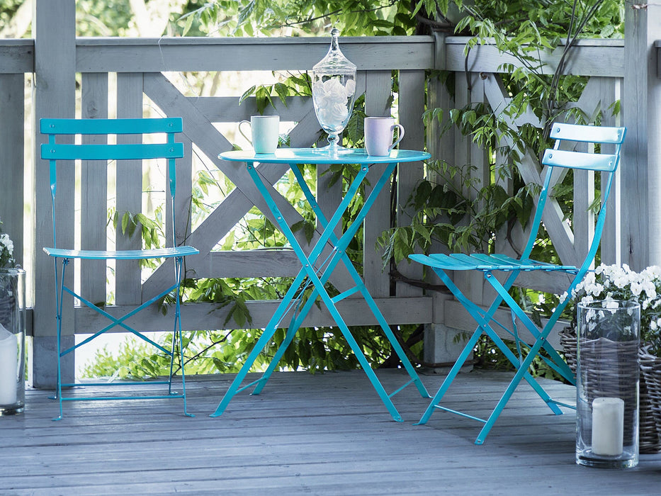 Metalowy zestaw mebli balkonowych niebieski 2 krzesła stolik ogród taras Fiori