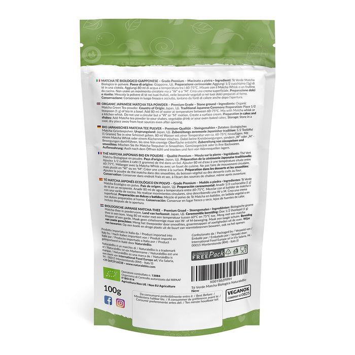 Zielona herbata Matcha organiczna w proszku - Gatunek Premium - 100 g. Herbata Matcha jest produkowana w Uji (Kyoto) w Japonii. Idealna do picia oraz do deserów, koktajli, zimnej herbaty, mleka i jako składnik przepisów.
