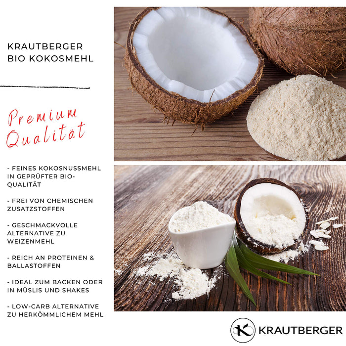 Bio mąka kokosowa 1000 g | Bio kokosowa drobno zmielona z kontrolowanej uprawy biologicznej bez dodatków, w zestawie z poradnikiem Low Carb Food mąką kokosową
