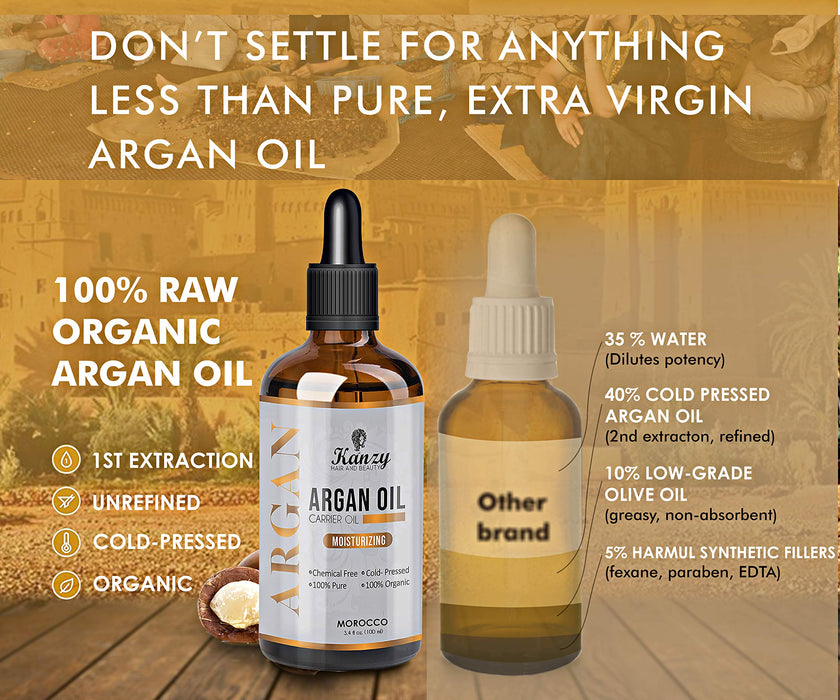 Kanzy Olej Arganowy 100% Pure Butelkowany Maroko Organiczny Olej Arganowy na Włosy Suchych Zniszczonych Włosów, Naturalny Tłoczony na Zimno Olejek dla Mężczyzn i Kobiet do Twarzy, Skóry i Cial