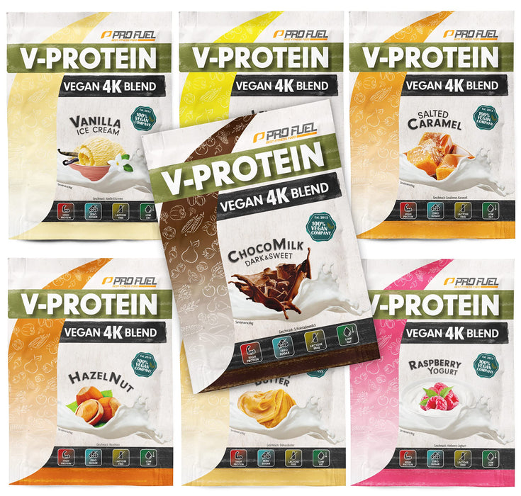 Vegan Protein Prover zestaw próbek białka, 7 x 30 g opakowanie mieszane z czekoladą, wanilią, cytryną, maliną, orzechem laskowym, masłem orzechowym i karmelem, niewiarygodnie smaczny i kremowy, 74-81% zawartości białka V-PROTEIN 4K szary