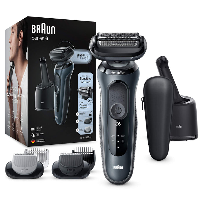 Braun Series 6cc Golarka elektryczna do golenia dla mężczyzn, z 3 elastycznymi ostrzami, trymer do brody, bodygroomer, stacja czyszczenia, nasadki EasyClick, Wet&Dry, N7650cc, szara