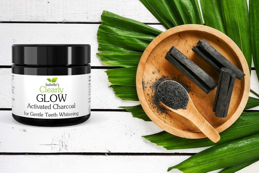 Clearly GLOW Teeth Whitening Kit (4 Piece) | Pure Food Grade Activated Charcoal Powder + Bamboo Ultra Soft Toothbrush + Copper Tongue Cleaner + Eco Friendly Gift Bag | Natural Tooth Products for Adults and Kids
