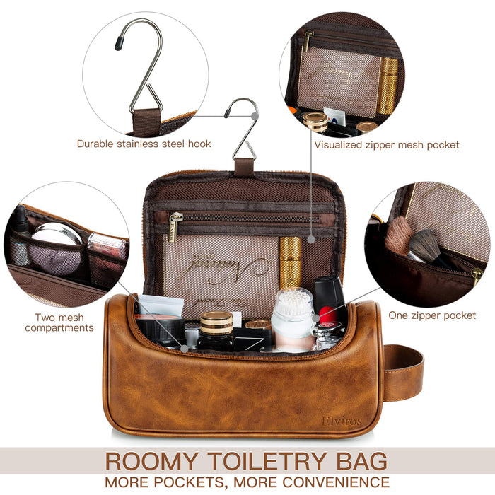 Elviros Wodoodporna skórzana kosmetyczka dla mężczyzn duża podwójna warstwa podróżna torba do mycia golenia zestaw do golenia łazienka siłownia przybory toaletowe organizer do makijażu z bezpłatną mokrą suchą torbą (Średni, Brązowy)