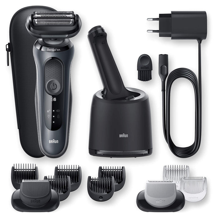 Braun Series 6cc Golarka elektryczna do golenia dla mężczyzn, z 3 elastycznymi ostrzami, trymer do brody, bodygroomer, stacja czyszczenia, nasadki EasyClick, Wet&Dry, N7650cc, szara