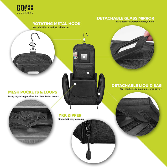 GO!elements® Kosmetyczka do zawieszenia, duża, podróżna, do walizki i bagażu podręcznego, dla kobiet i mężczyzn, czarny, XL,