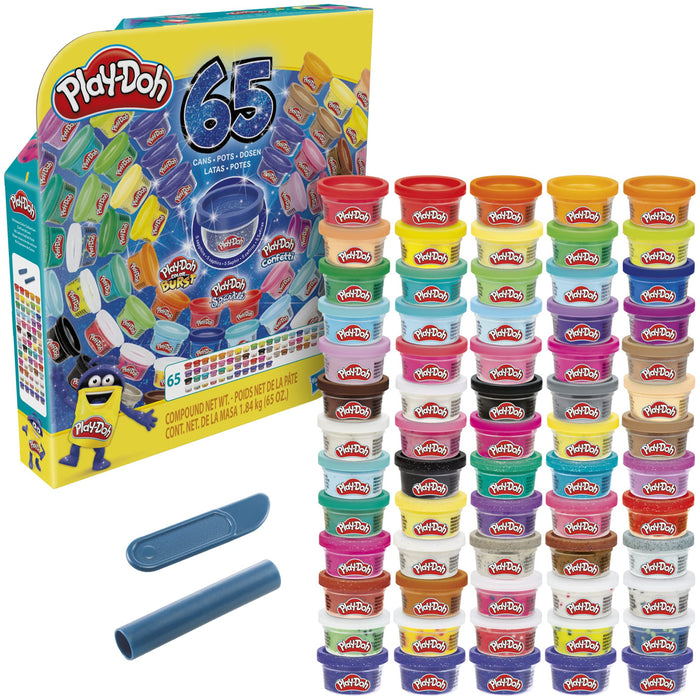 Kolorowa superkolekcja ciastoliny Play-Doh, zestaw 65 małych tub po 28 g nietoksycznej masy plastycznej, zawiera różne rodzaje ciastoliny: szafirową, błyszczącą, konfetti