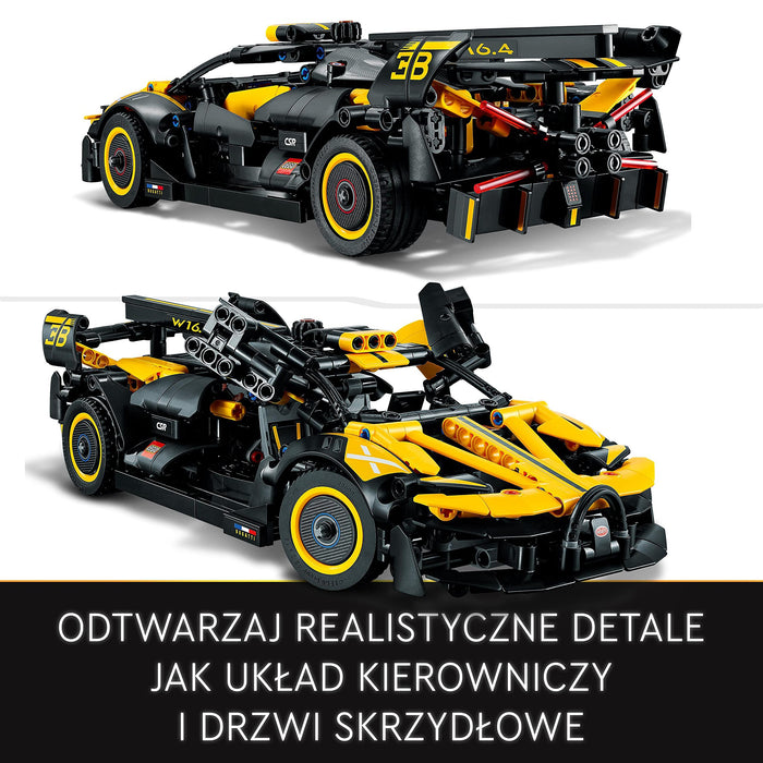 LEGO 42151 Technic Bolid Bugatti Wyścigówka z Klocków, Kreatywne Zabawki Inżynieryjne, Kultowy Samochód Sportowy do Budowania z Klocków Konstrukcyjnych dla Kolekcjonerów i Dzieci