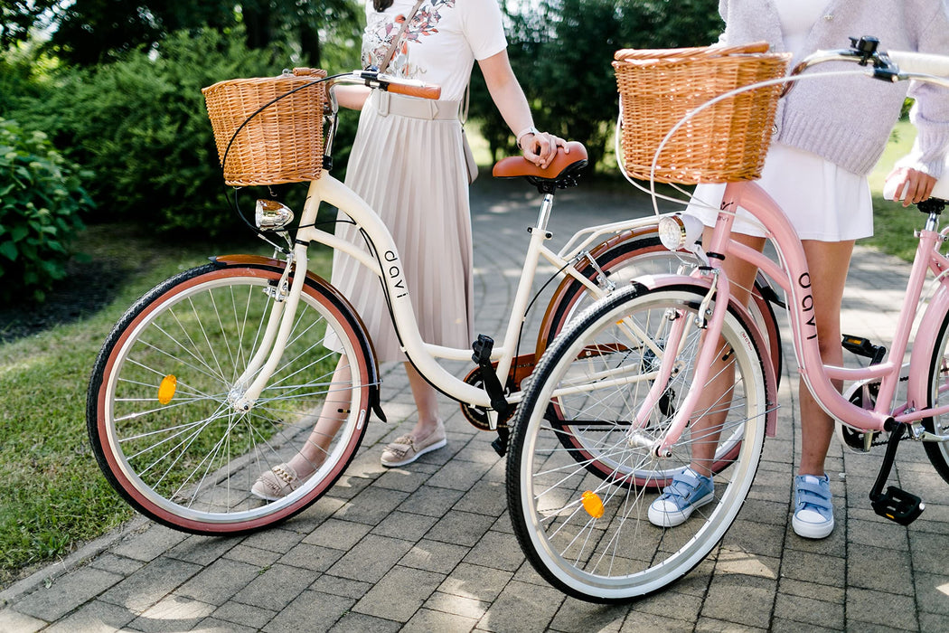 Davi Fioletowy – rower z wiklinowym koszem – rower damski – rower holenderski – rower miejski – rower dla kobiet – retro – vintage – koła aluminiowe 28 cali – 1 bieg – kosz z wyściółką