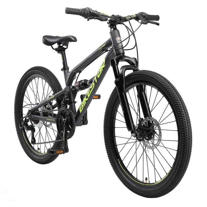 BIKESTAR młodzieżowy aluminiowy rower górski 24 cali od 9-14 lat hardtail | Shimano 21 biegów, hamulec tarczowy, pełne zawieszenie | Rower dziecięcy dla chłopców Fully | czarny
