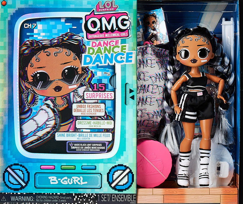 LOL Surprise OMG Dance Dance Dance Lalka Modowa B-Gurl z 15 Niespodziankami, Ubraniami, Światłem UV, Akcesoriami, Butami, Szczotką Do Włosów, Stojakiem Na Lalkę i Opakowaniem TV. Dla Dzieci w wieku 4+