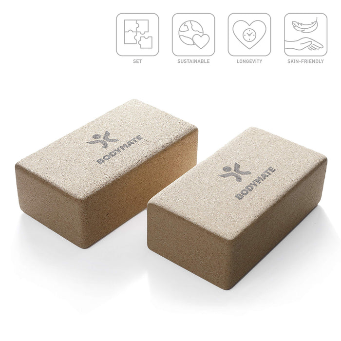 BODYMATE – kostki do jogi z korka – zestaw 2 szt, z naturalnego, w 100% ekologicznego korka – do asan, medytacji, ćwiczeń relaksacyjnych, dla początkujących i profesjonalistów – 22 x 12 x 7,5 cm