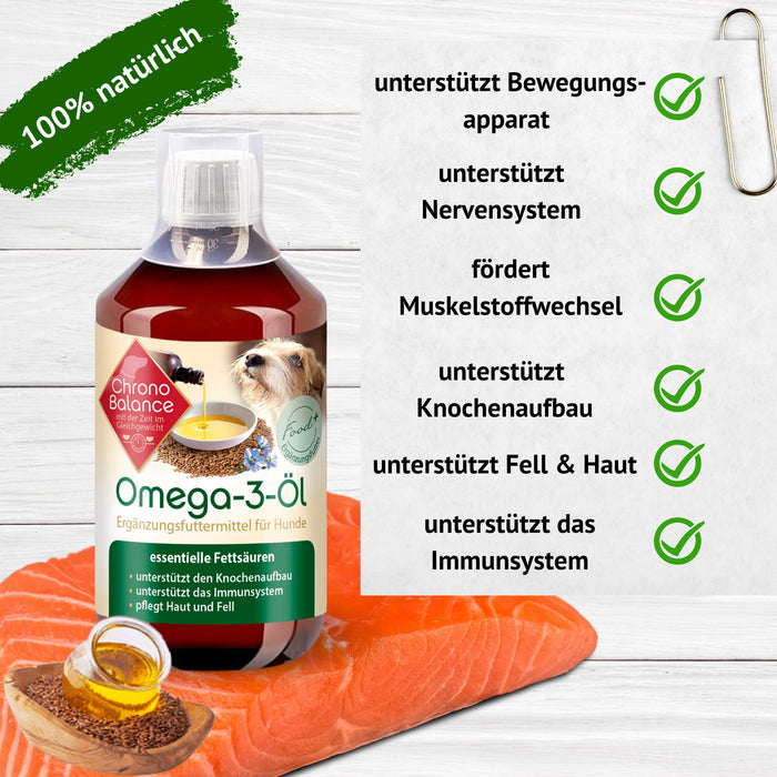 ChronoBalance® Olejek Omega-3 dla psów 500 ml – naturalny suplement diety – pielęgnuje skórę i futro – wspiera system odpornościowy