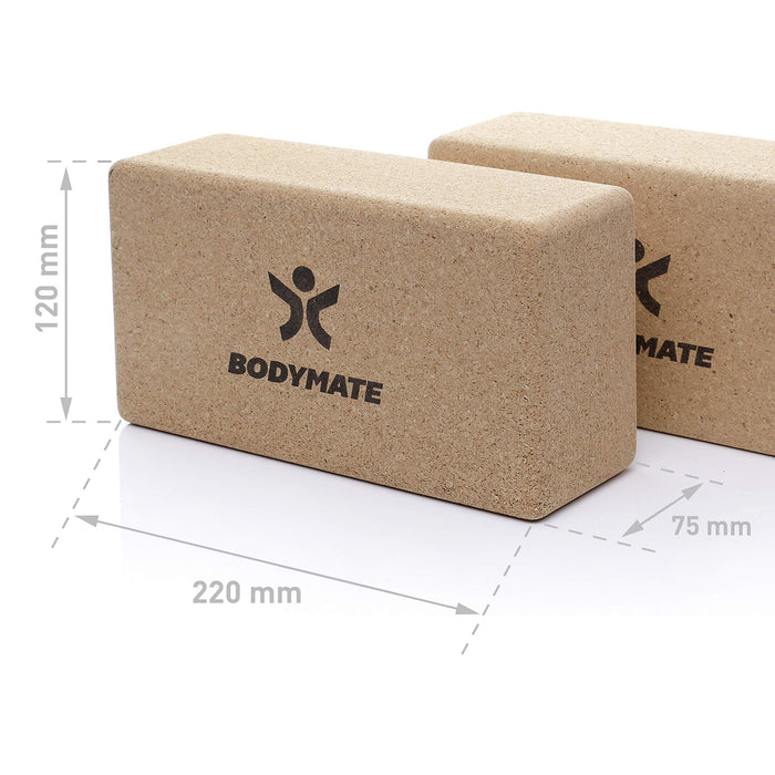 BODYMATE – kostki do jogi z korka – zestaw 2 szt, z naturalnego, w 100% ekologicznego korka – do asan, medytacji, ćwiczeń relaksacyjnych, dla początkujących i profesjonalistów – 22 x 12 x 7,5 cm