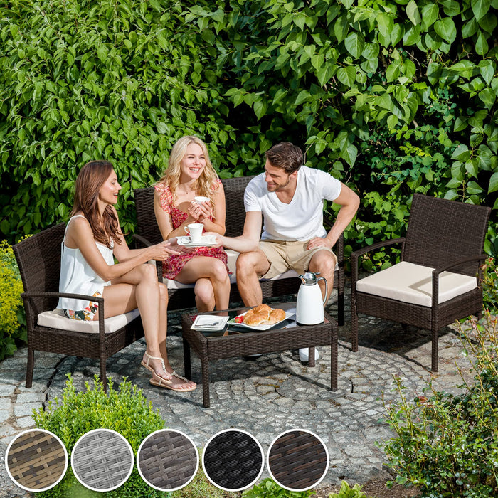TecTake 800138 zestaw mebli ogrodowych z polirattanu, 2 krzesła, ławka + stół z szklanym blatem, zestaw wypoczynkowy do ogrodu, na taras i balkon (czarny)