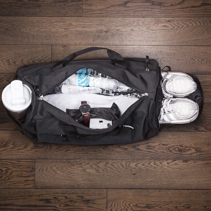 Fitgriff® Sportowa torba na siłownię dla mężczyzn i kobiet - z przegrodą na buty i kieszenią na mokre ubrania - torba fitness Pełna Czerń 58 x 31 x 31 cm (Medium)