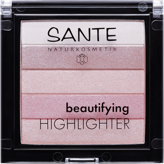 SANTE Naturkosmetik Beautifying Highlighter, 02 róże, 5 odcieni pudru, bio-ekstrakty i olejek makadamia, naturalny makijaż, 7 g