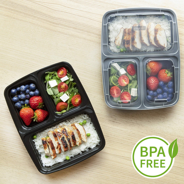 [Pakiet 10 sztuk] Wielorazowe pojemniki Meal Prep z 3 komorami wykonane z plastiku bez BPA – Bezpieczne do używania w mikrofalówce, zamrażarce i zmywarce – Pudełka które można ułożyć w stos (946 ml)
